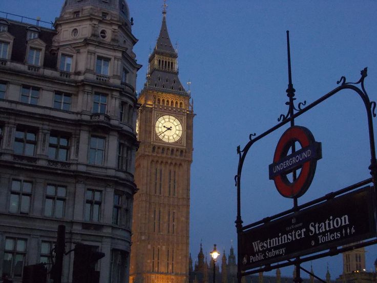 Westminster underground station at dusk